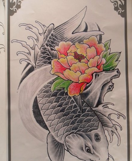经典传统的鲤鱼纹身手稿