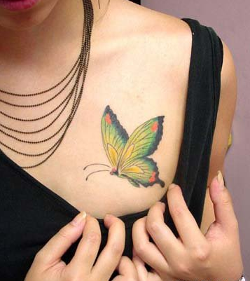 美女胸部一只彩色蝴蝶纹身图片大全