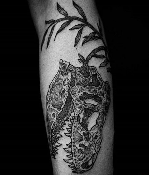 黑色的点刺纹身素描技巧骷髅头纹身动物恐龙纹身图片