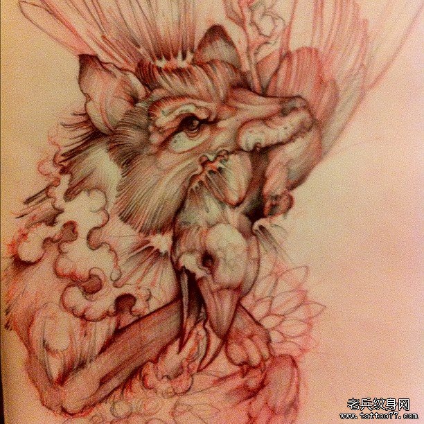 欧美狼头鸟纹身图片手稿