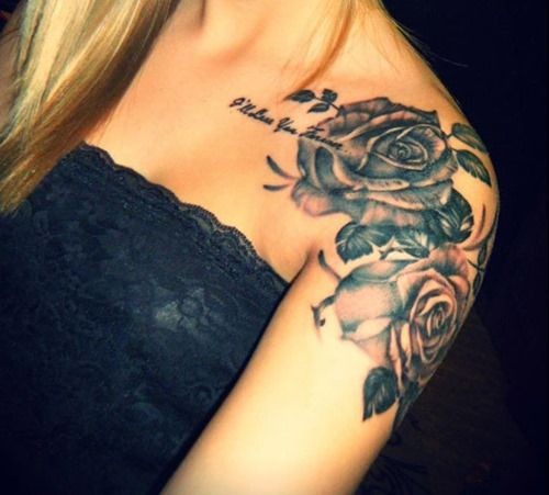 手臂上好看个性玫瑰花字母纹身图片