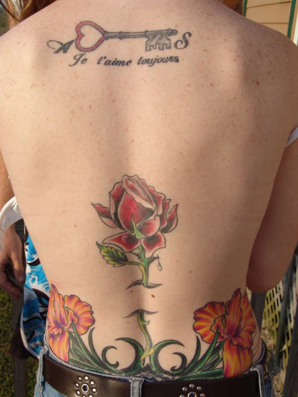 背部美丽的玫瑰花卉彩色纹身图片