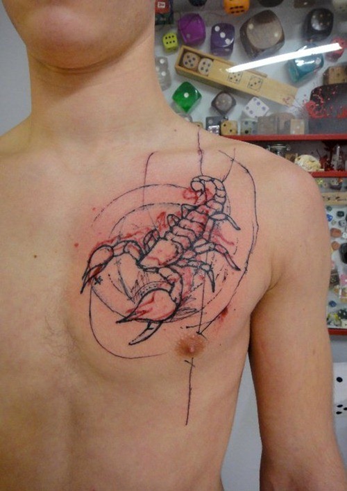 胸部简约的个性蝎子线条纹身图片