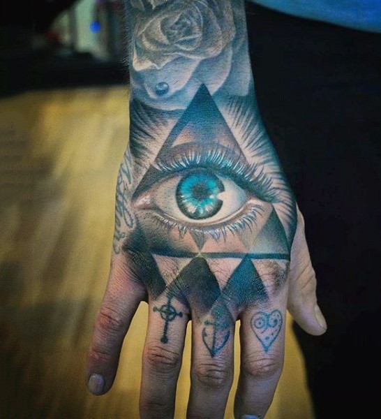 手背神秘色彩的眼睛与三角形纹身图片