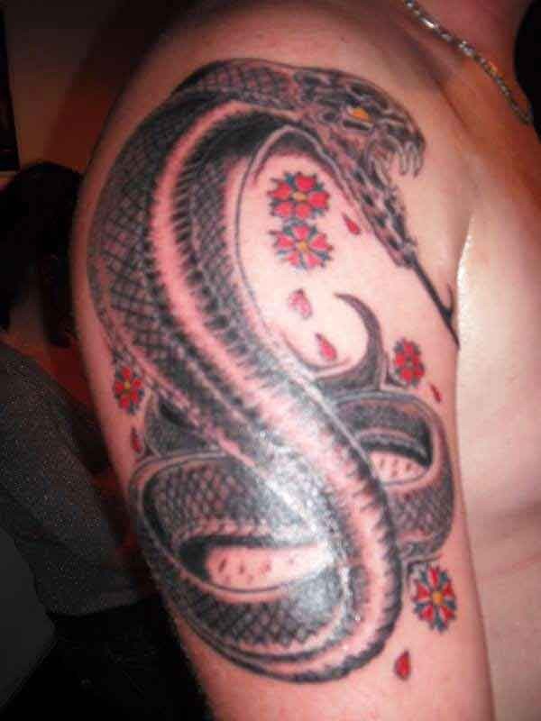 肩部彩色大眼镜蛇与花朵纹身图片