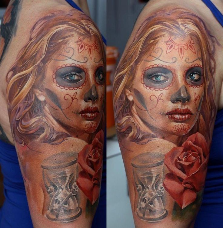 墨西哥式彩色肩部女性肖像纹身图片