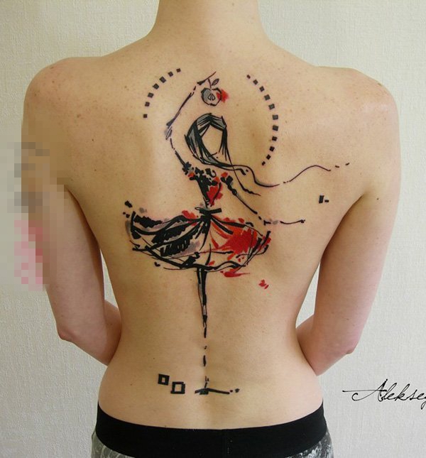 女生背部彩绘素描创意可爱跳舞女生人像纹身图片