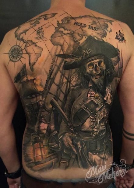 航海纹身 大面积满背航海主题的骷髅海盗船纹身作品