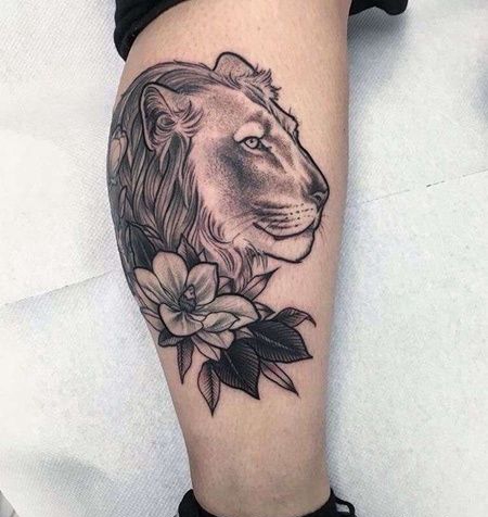 点线小腿狮子纹身图片