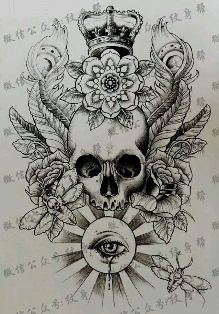 手绘皇冠骷髅花卉纹身图片
