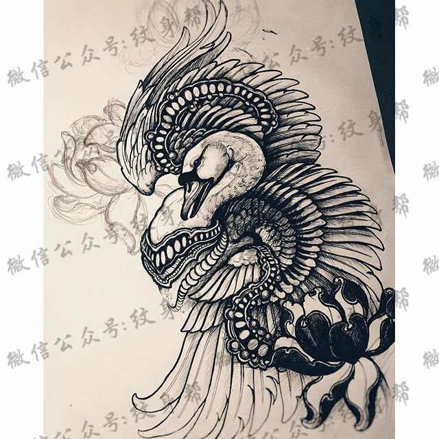 手稿线条素描仙鹤纹身图片