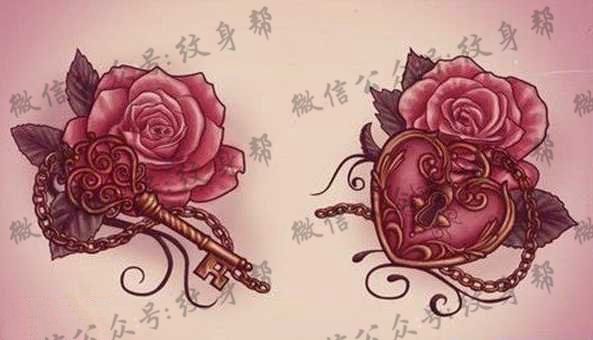 手稿玫瑰花钥匙锁纹身图片