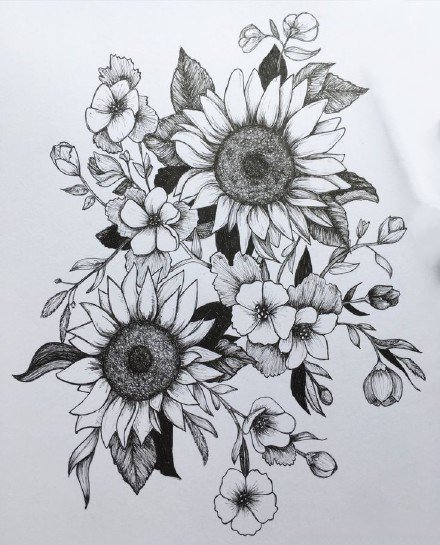 向日葵的黑白素花纹身手稿图案9张