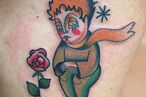 大腿欧美卡通风格人物和玫瑰花tattoo图案