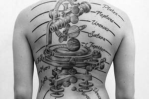 背部科学风格显微镜和字母太阳系纹身图片