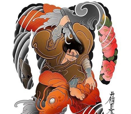 日式后背武士鲤鱼纹身图片