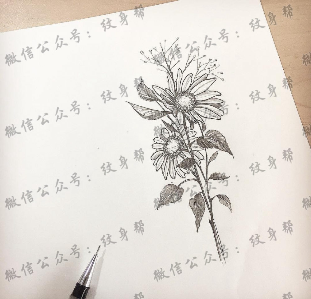 黑灰花纹身手稿