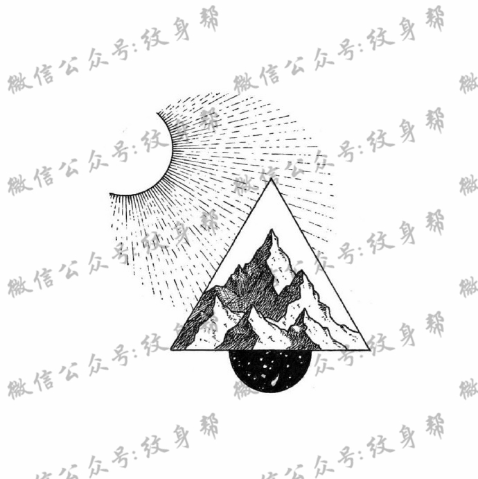 山脉纹身手稿_一组18张几何元素+山脉风景纹身手稿图案