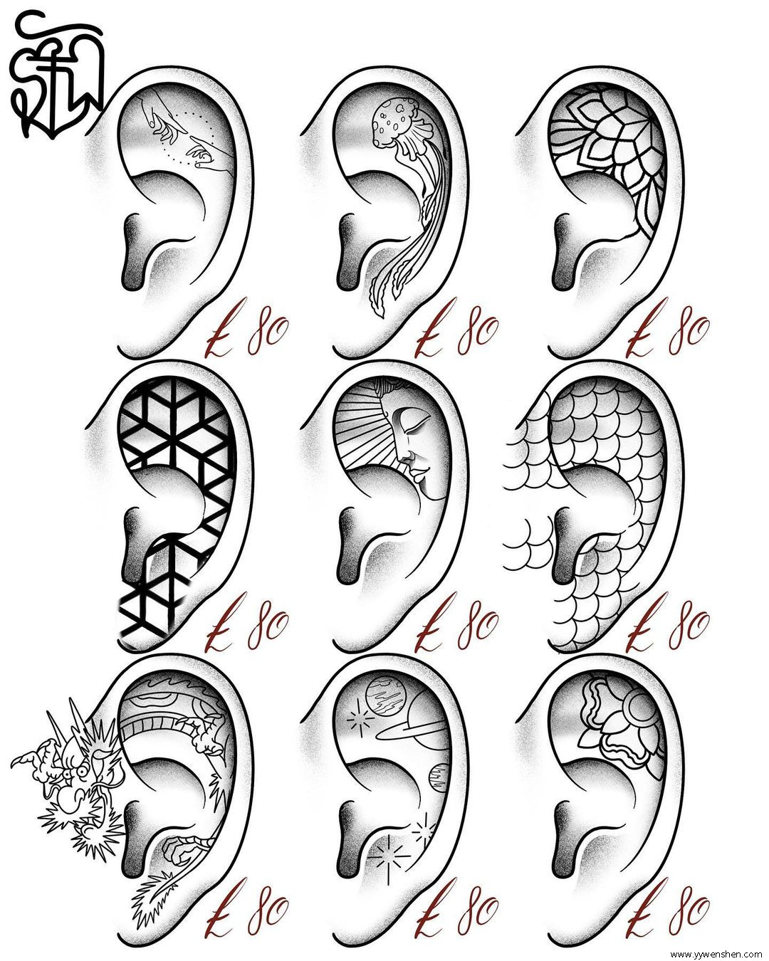 资源特别少的耳朵内的微型纹身手稿图案集