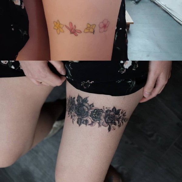 一组小清新的黑灰色花卉纹身图片