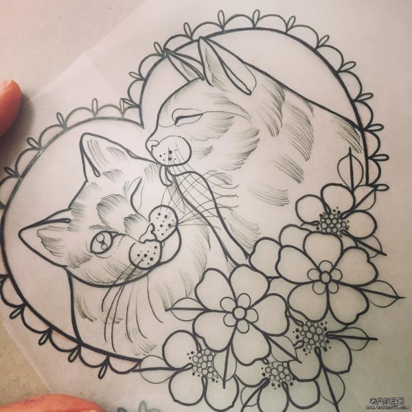 new school小清新猫爱心花蕊纹身图片手稿