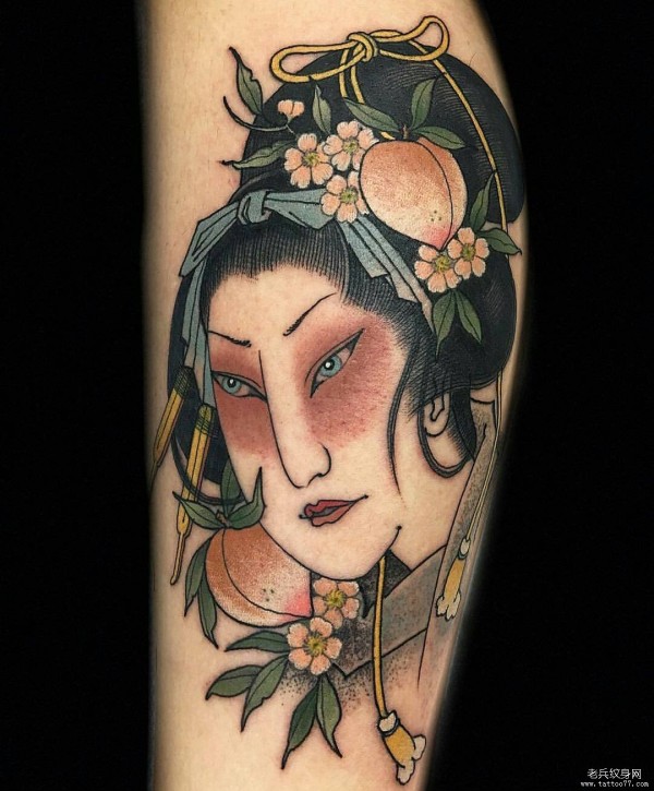 小腿传统风格艺妓tattoo图案