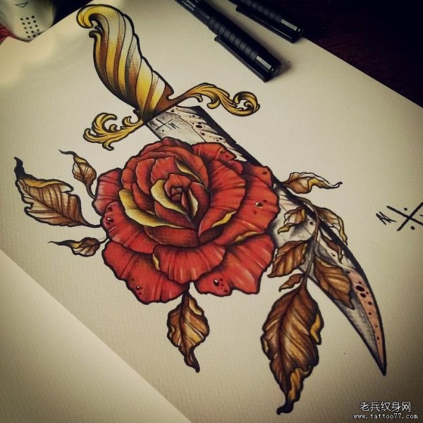 欧美风彩色玫瑰匕首纹身图片手稿