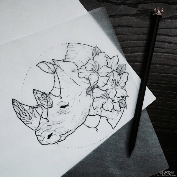 欧美school犀牛花蕊纹身图片手稿