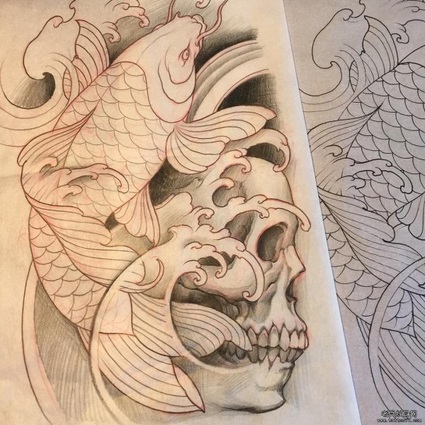 传统鲤鱼骷髅纹身图片手稿