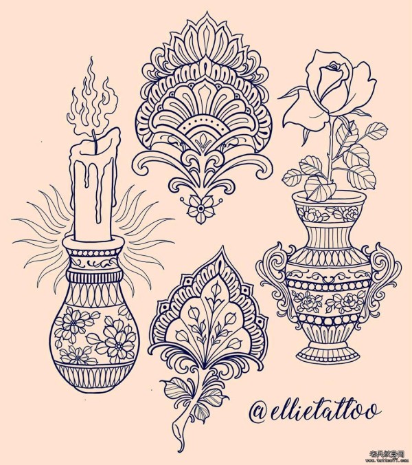 欧美梵花蜡烛花瓶玫瑰纹身图片手稿