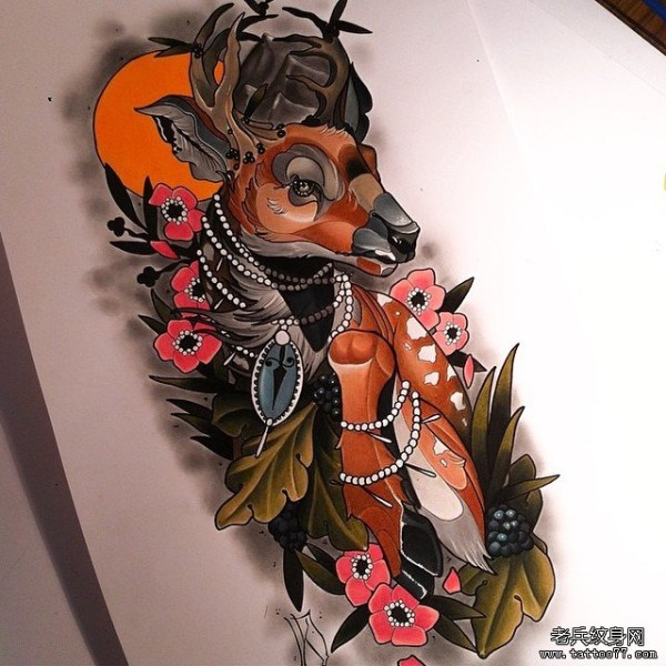 欧美school麋鹿宝石花卉纹身图片手稿
