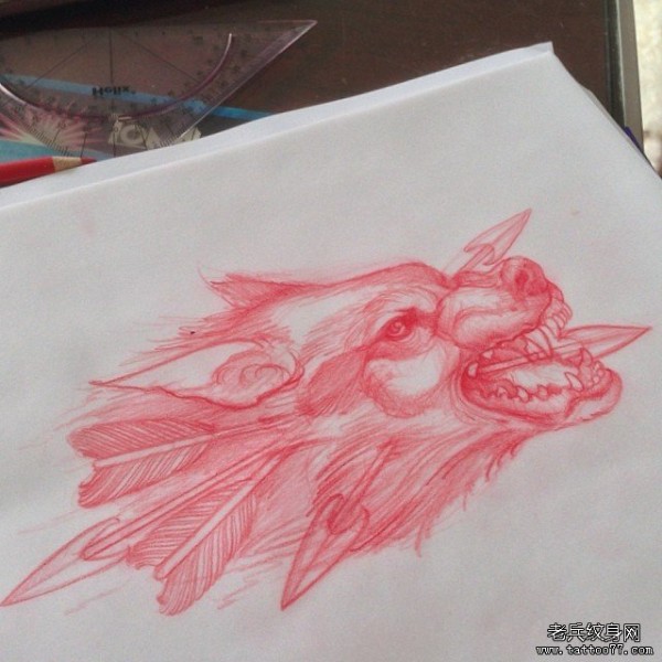 欧美狼头箭school纹身图片手稿