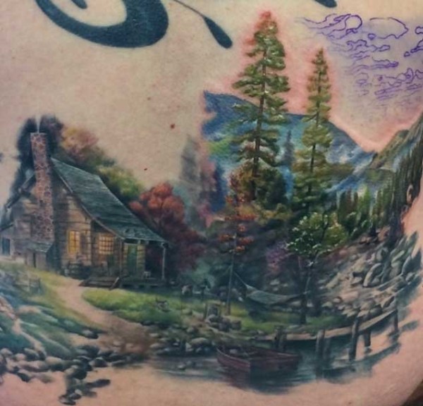 彩色的手臂山水纹身花朵纹身风景大自然植物纹身图片