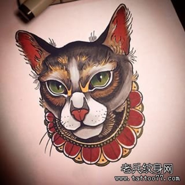 欧美school猫头纹身图片手稿