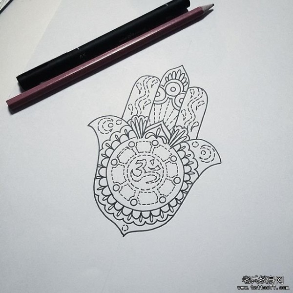 欧美宗教字符与法蒂玛之手线条纹身图片手稿
