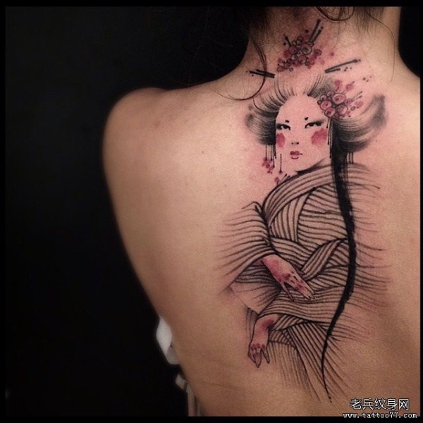 背部线条艺妓彩绘纹身图片