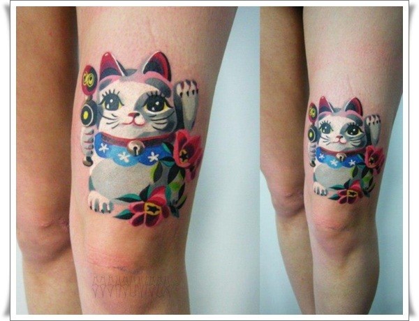 大腿可爱的水彩画猫纹身图片