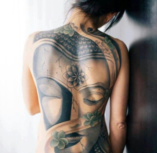 满背好看的佛像花朵纹身图片