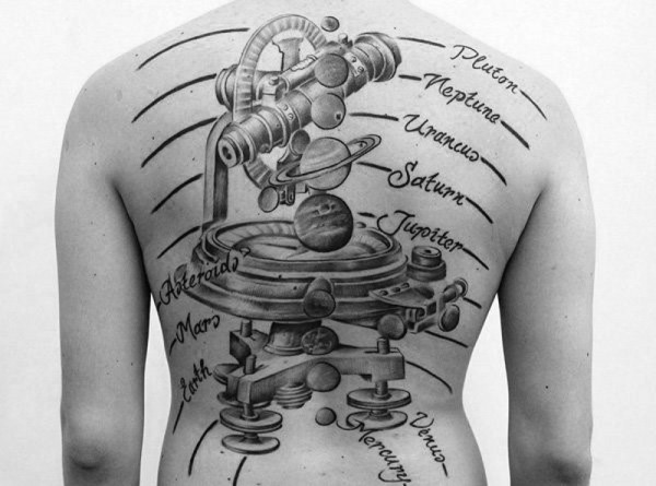 背部科学风格显微镜和字母太阳系纹身图片