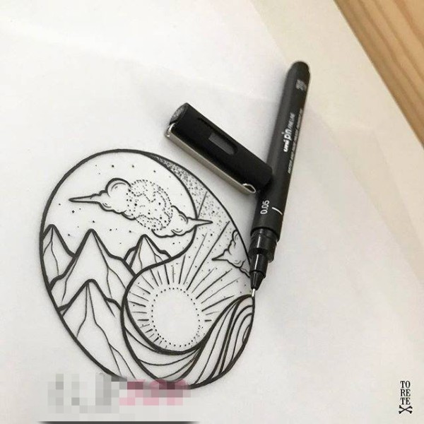 黑色线条素描创意风景阴阳八卦纹身手稿