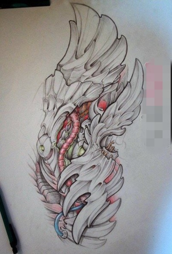 超具设计感的彩绘素描霸气翅膀纹身手稿