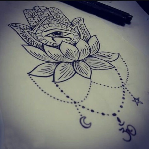 黑色线条素描文艺唯美经典吉祥法蒂玛之手纹身手稿
