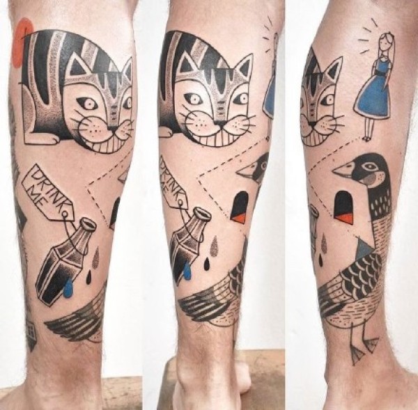 纹在手臂上的卡通涂鸦插画风格纹身图