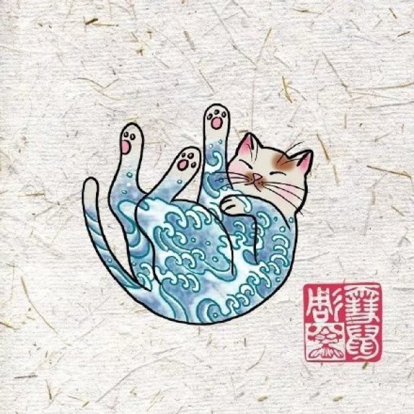 不一样的日本浮世绘蓝色小猫咪纹身图片