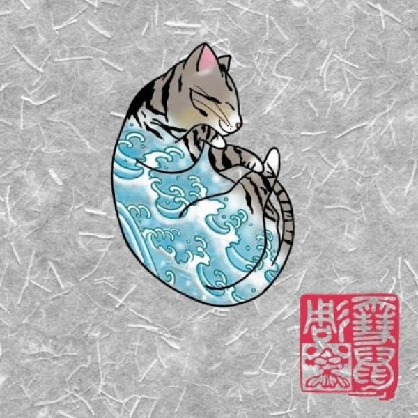 日式浮世绘风格的小猫咪纹身图片