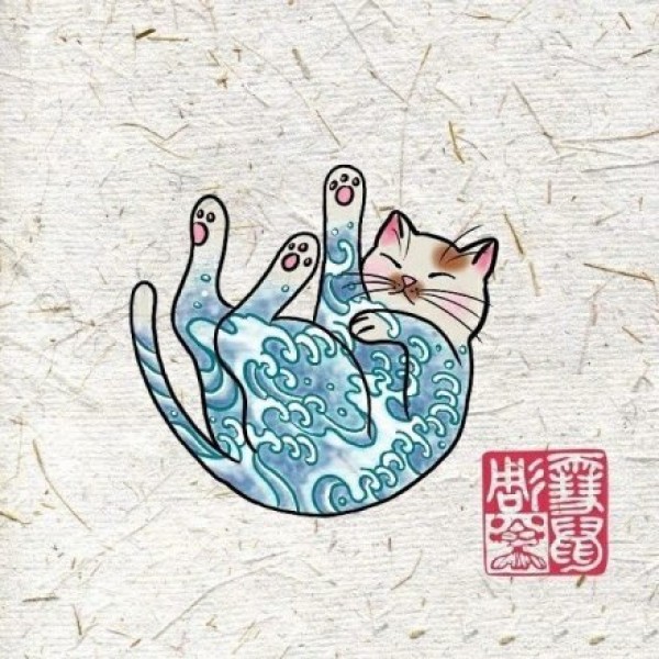 日式浮世绘风格的小猫咪纹身图片