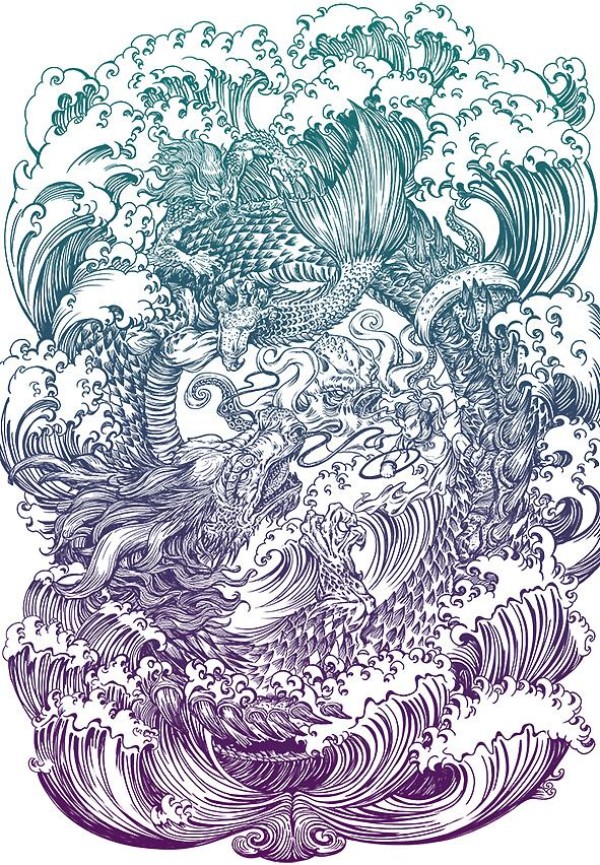 一张哪吒闹海大满背纹身手稿素材图案