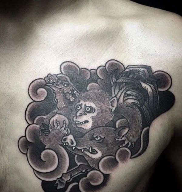 日式前胸猴子猪纹身图片