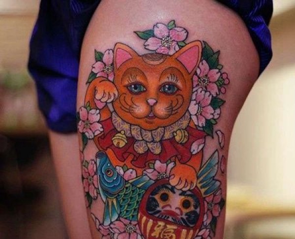 新传统大腿招财猫纹身图片