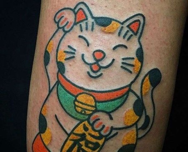 日式小腿招财猫纹身图片